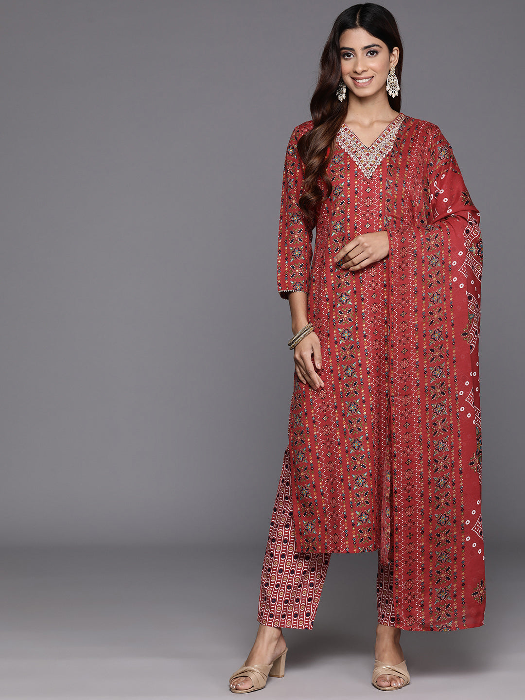 Women Red Printed  V-Neck Embroidered Kurta With Bottom And Dupatta