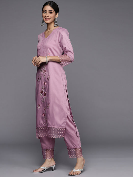 mauve embroidered kurta paired with straight bottom and embroidered dupatta