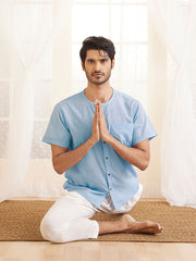 Men's Aqua And White Cotton Kurta Pyjama Set