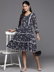 Varanga Women Navy Blue Floral Printed Tiered Dress Embellished With Kingiri Lace, Three Quarter Sleeves