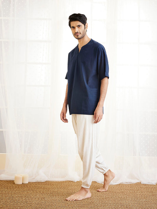 Men's Navy Blue And White Cotton Kurta Pyjama Set