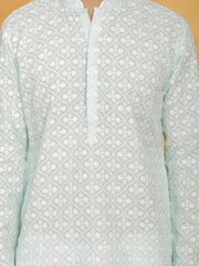 Men's Green And White Cotton Kurta And Pyjama Set