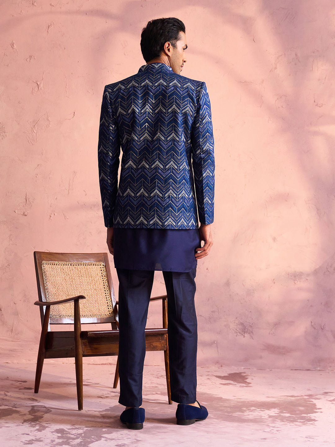 Men's Blue Viscose Jacket, Kurta and Pyjama Set