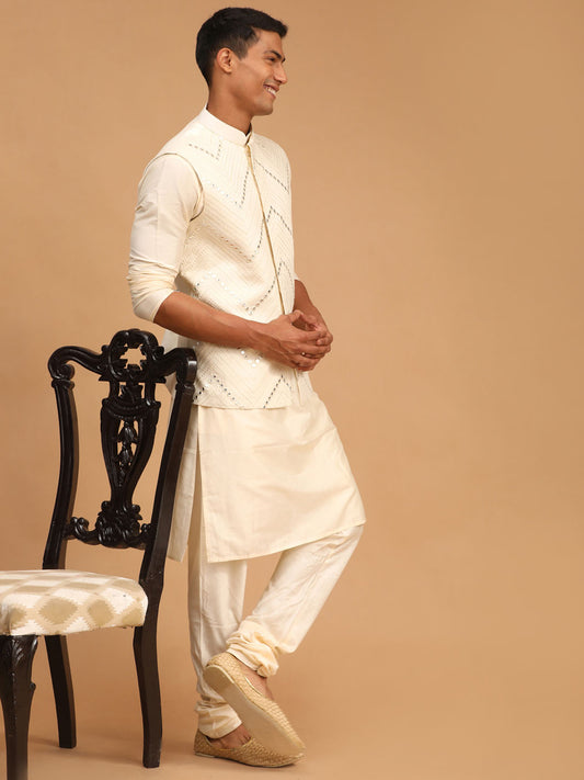 Men's Cream Viscose Jacket, Kurta and Pyjama Set