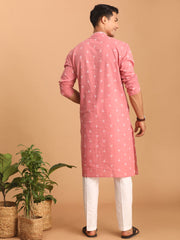 Men's Pink And White Cotton Kurta And Pyjama Set