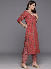 Women Red Printed  V-Neck Embroidered Kurta With Bottom And Dupatta