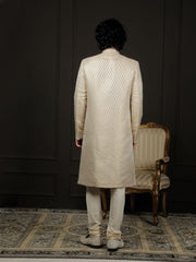 Men's Cream And Gold Silk Blend Sherwani Set