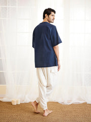 Men's Navy Blue And White Cotton Kurta Pyjama Set