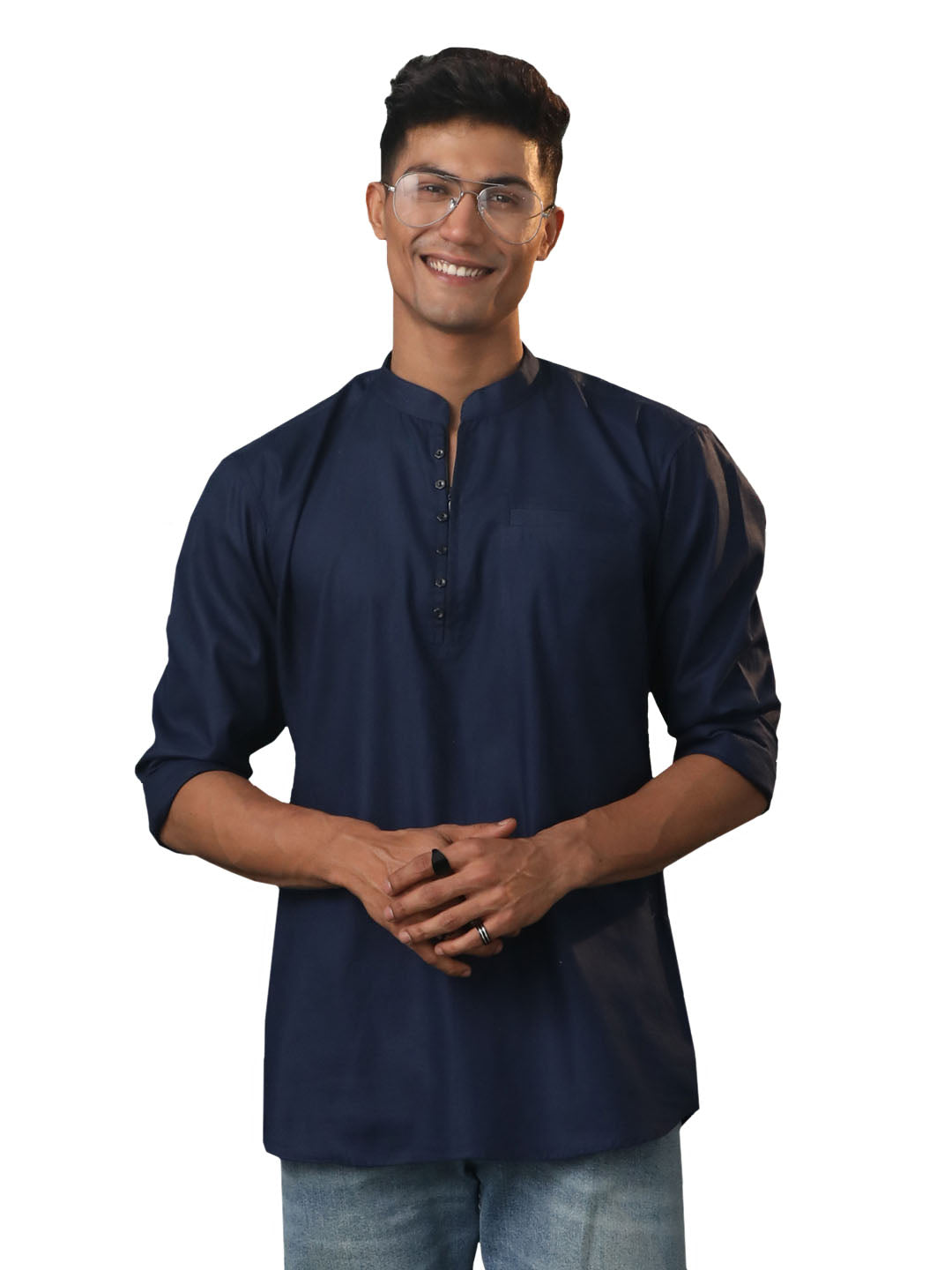 Men's Navy Blue Cotton Short Kurta