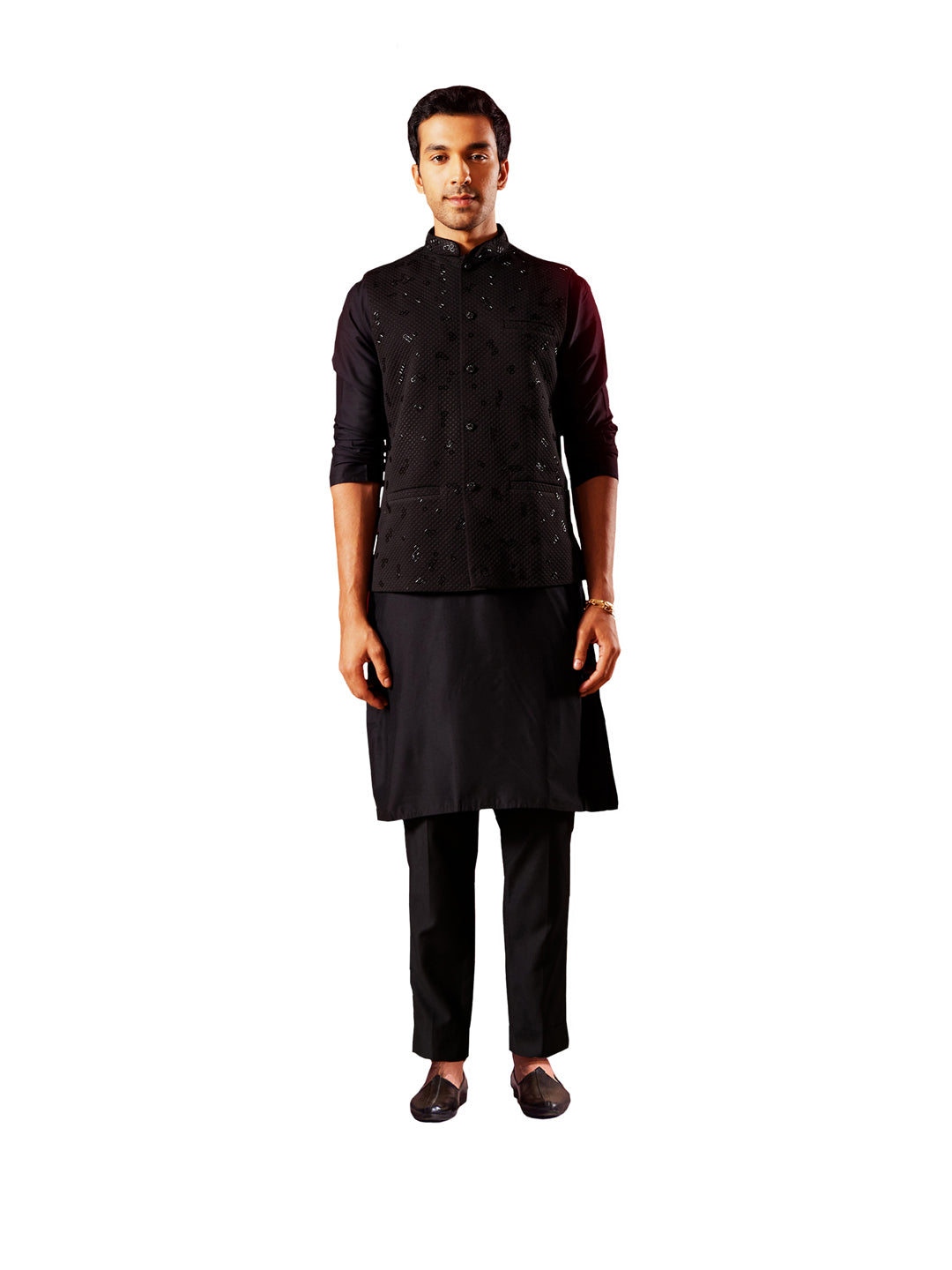 Men's Black Viscose Jacket, Kurta and Pyjama Set