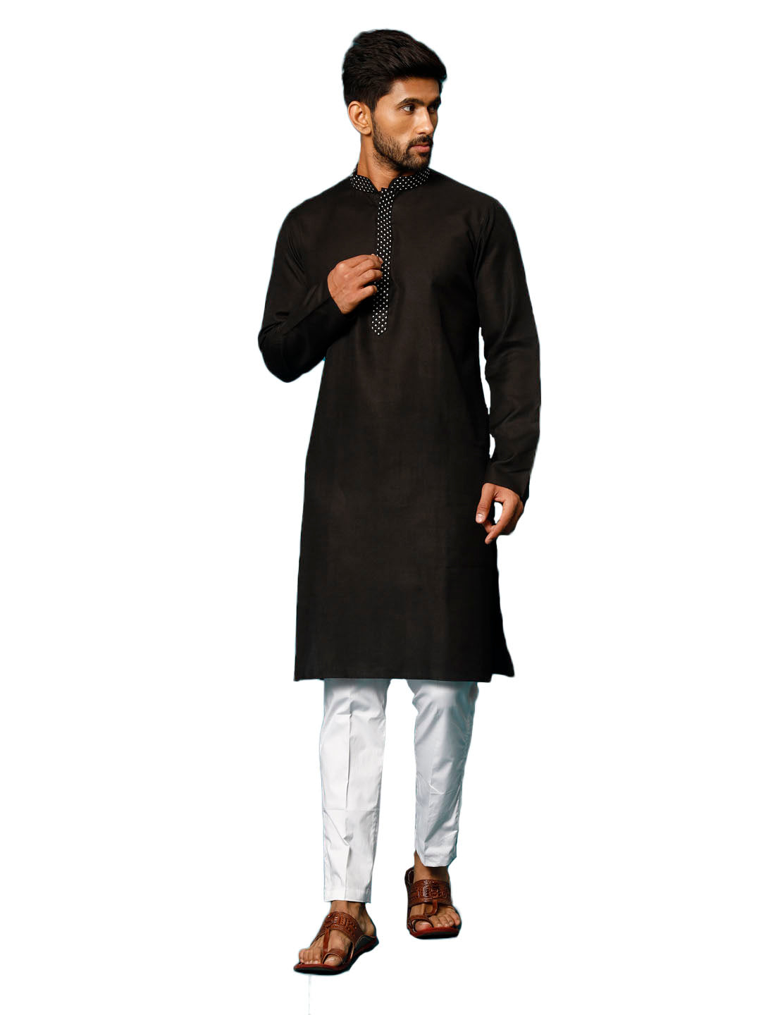 Men's Black And White Cotton Blend Kurta Pyjama Set