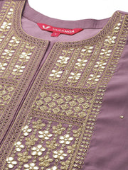 women Mauve Embroidered Kurta Set With Dupatta