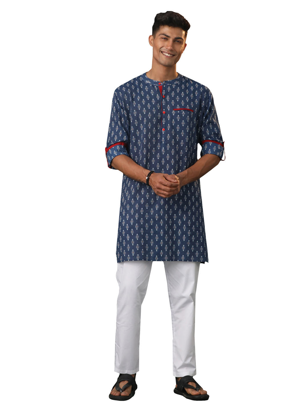 Men's Navy Blue And White Cotton Kurta Pyjama Set