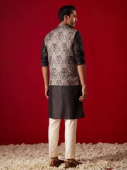 Men's Black Cotton Silk Jacket, Kurta, Pyjama and Dupatta Set