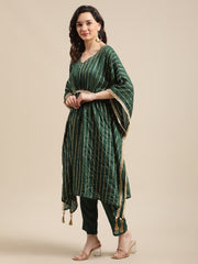 Green Gold Lurex Striped Kurta Kaftan With Straight Trouser.