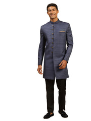 Men's Navy Blue And Black Silk Blend Sherwani Set