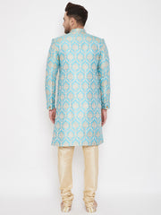 Men's Aqua And Gold Silk Blend Sherwani Set