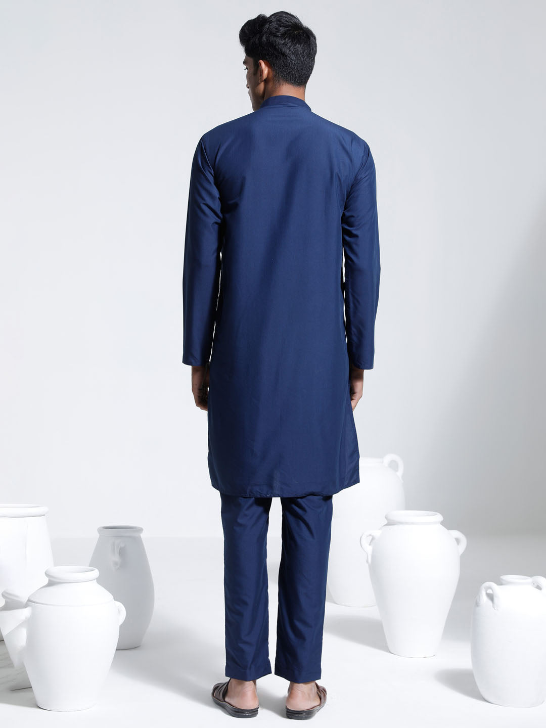 Men's Navy Blue Cotton Silk Kurta And Pyjama Set