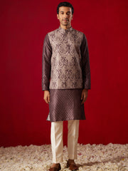 Men's Wine Cotton Silk Jacket, Kurta, Pyjama and Dupatta Set