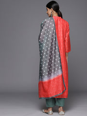 Women Red Bandhani Printed Straight Kurta Paired With Contrast Solid Bottom And Printed Dupatta