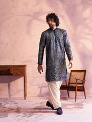 Men's Navy Blue And Cream Georgette Kurta and Patiala Set