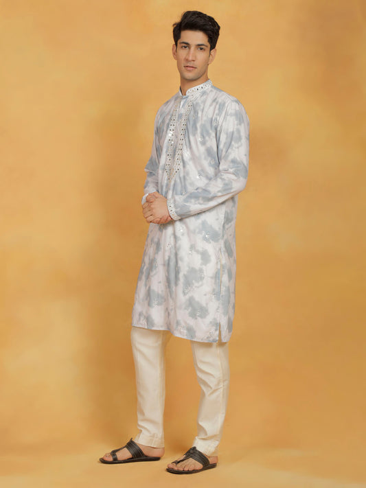 Men's Gray And Cream Cotton Blend Kurta And Pyjama Set