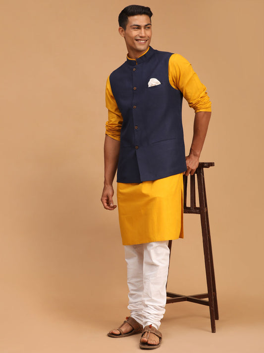 Men's Mustard, Navy Blue And White Cotton Blend Jacket, Kurta and Pyjama Set