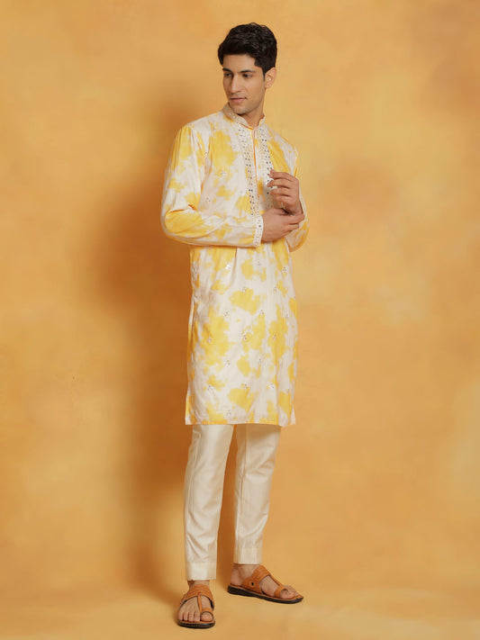 Men's Yellow And Cream Cotton Blend Kurta And Pyjama Set