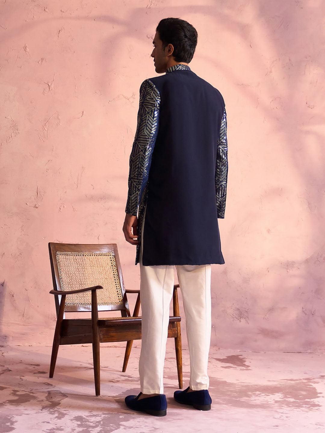 Men's Navy Blue And Cream Georgette Sherwani Set