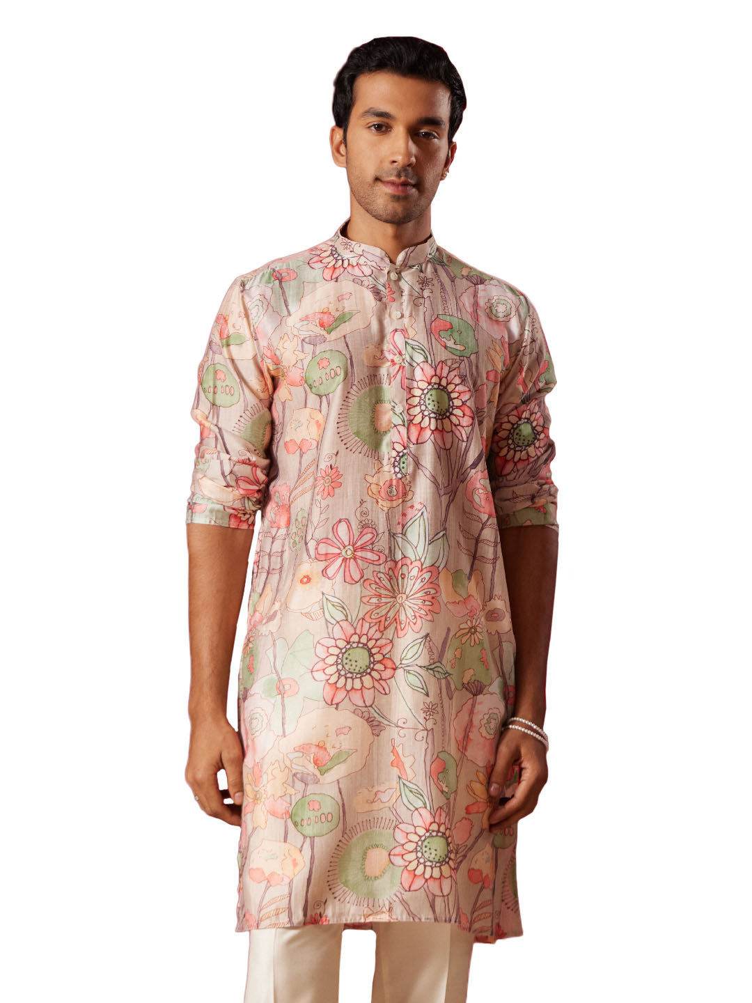 Men's Multi color Base Cream Cotton blend Kurta