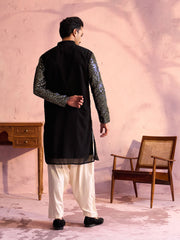 Men's Black And Cream Georgette Kurta and Patiala Set