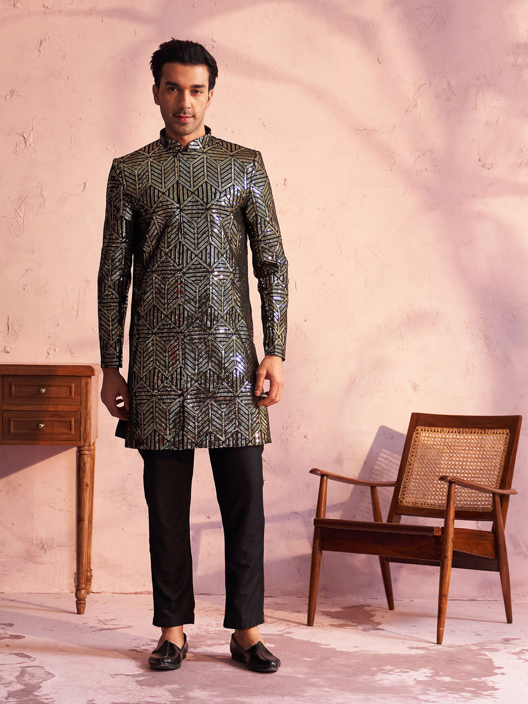 Men's Black Georgette Sherwani Set