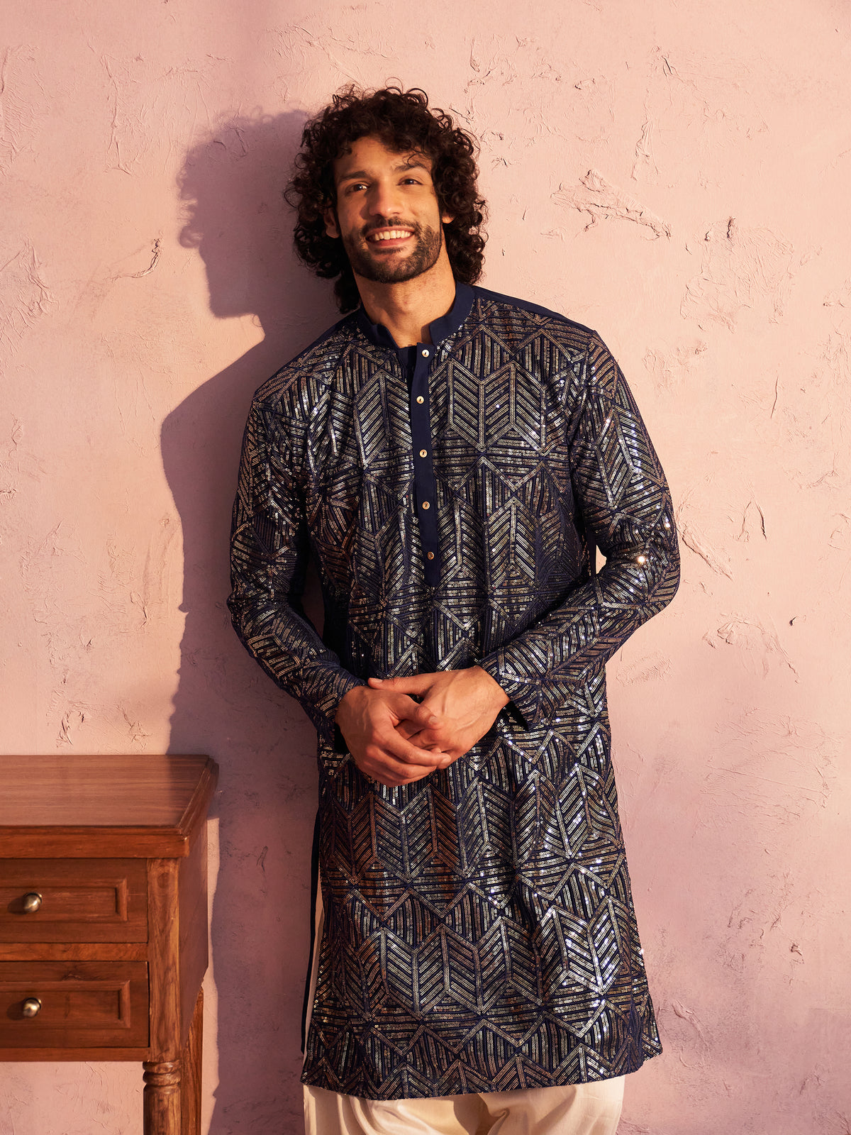 Men's Navy Blue Georgette Kurta