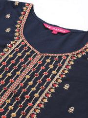 Blue embroidered kurta with tonal bottom and printed dupatta