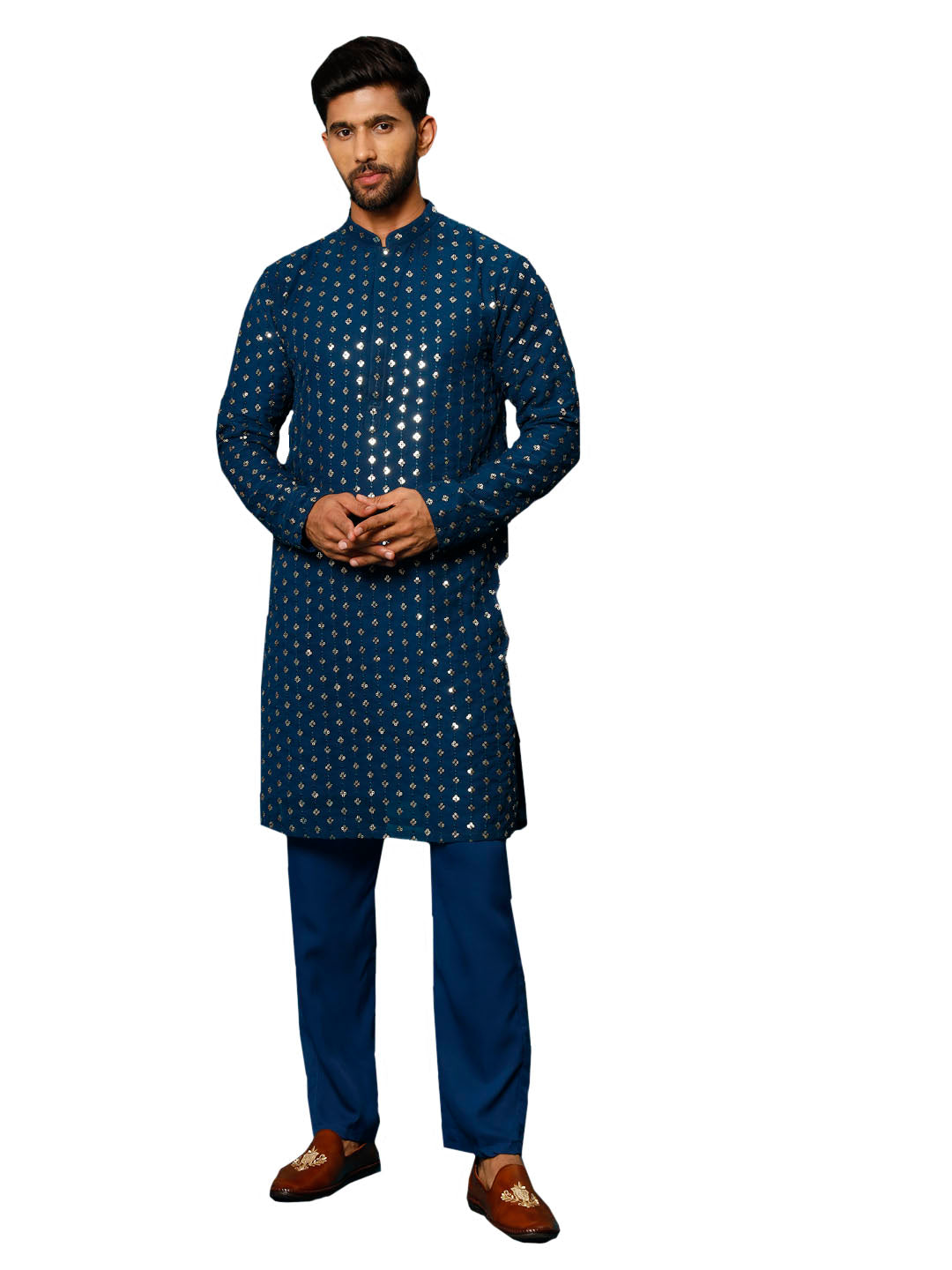 Men's Navy Blue Georgette Kurta Pyjama Set