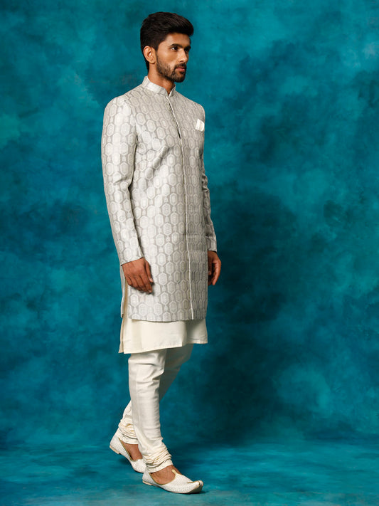 Men's Grey And Cream Viscose Sherwani Set