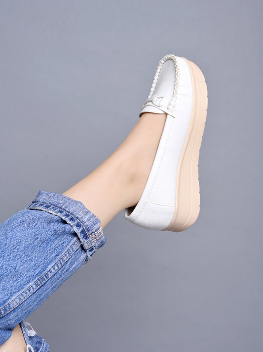 Shoetopia upper Bow Detailed White Loafers For Women & Gilrs