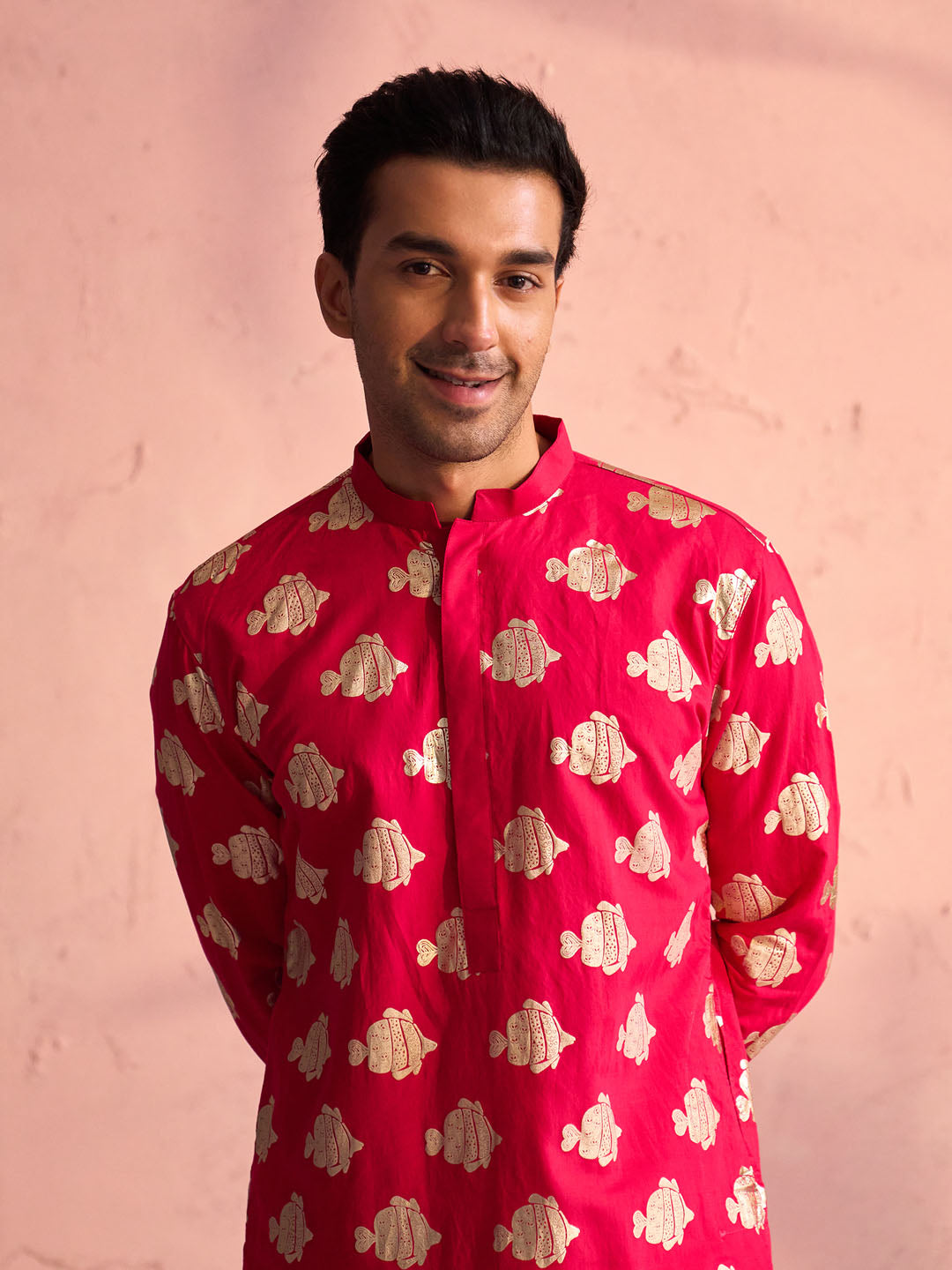 Men's Valentino Pink And Rose Gold Viscose Kurta and Patiala Set