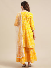 Mustard And White Bandhej Printed Flared Kurta Sharara Set With Net Embroidered Dupatta.