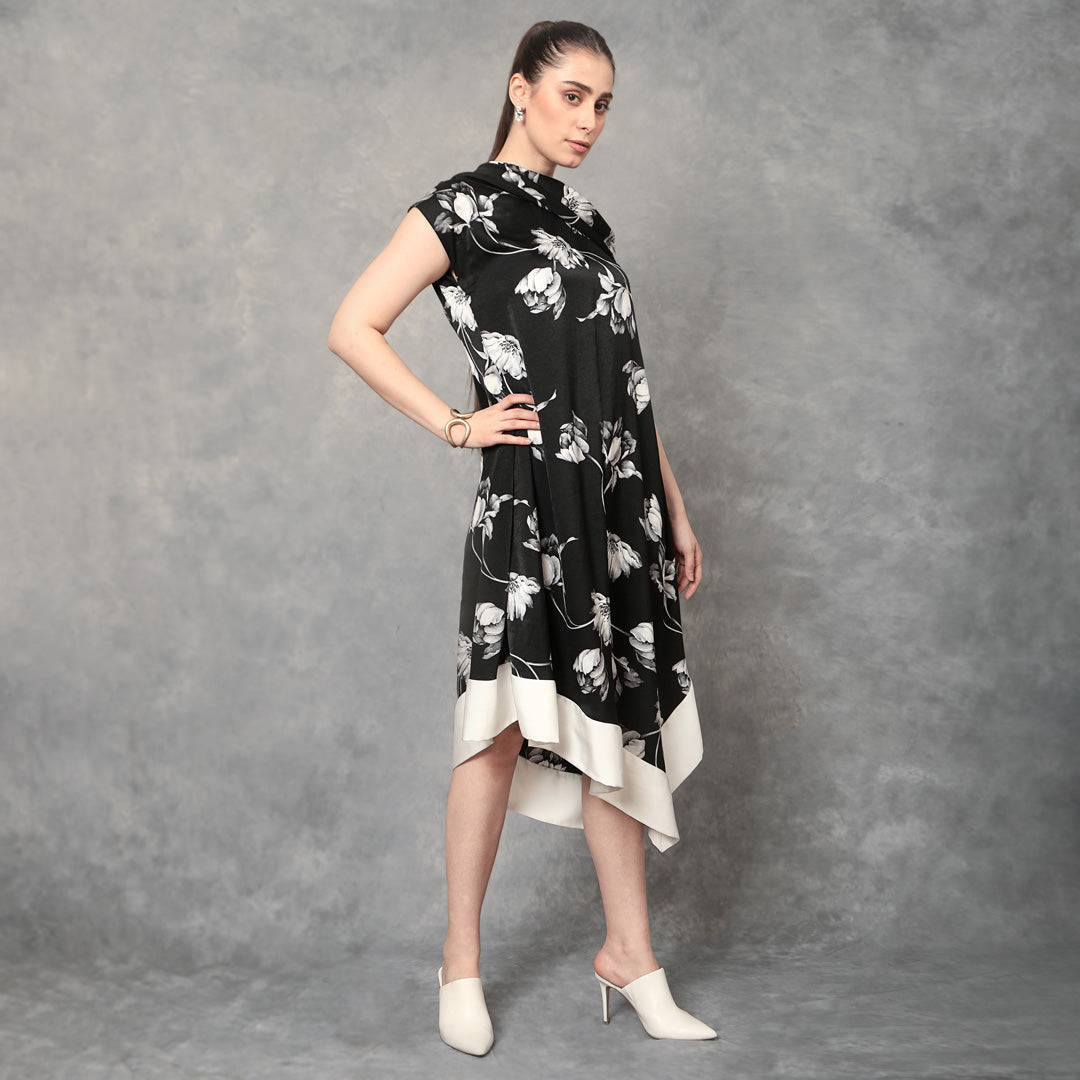 Asymmetrical Cowl Neck Dress Floral Print