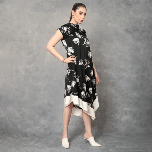 Asymmetrical Cowl Neck Dress Floral Print