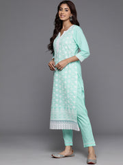 Women Sea Green Thread Embroidered Straight Kurta With Bottom And Dupatta