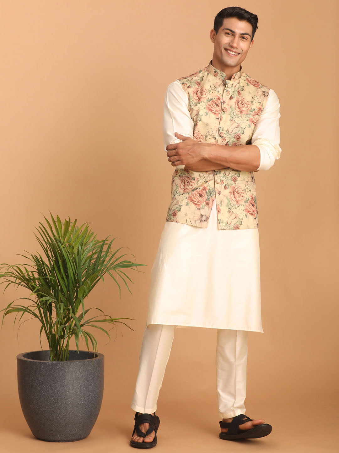 Men's Cream And Brown Silk Blend Jacket, Kurta and Pyjama Set