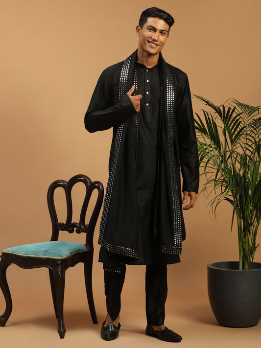 Men's Black Viscose Kurta, Pyjama & Dupatta Set