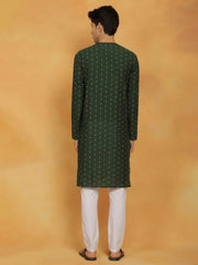 Men's Bottle Green And White Cotton Kurta Pyjama Set