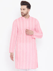 Men's Pink and White Cotton Kurta