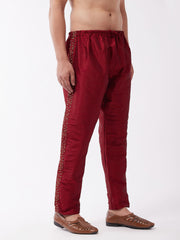 Men's Maroon Silk Blend Embroidered Pyjama