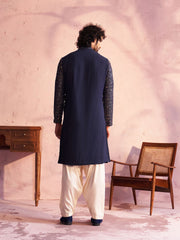 Men's Navy blue And Cream Georgette Kurta and Patiala Set