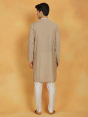 Men's Gray And White Silk Blend Kurta And Pyjama Set