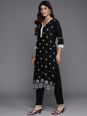 Women Black Thread Embroidered Straight Kurta With Bottom And Dupatta